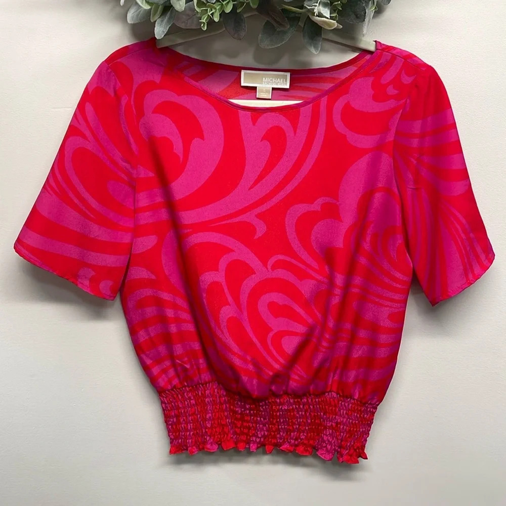 MICHAEL Michael Kors Pink and Red Short Sleeve Smocked Waist Blouse S